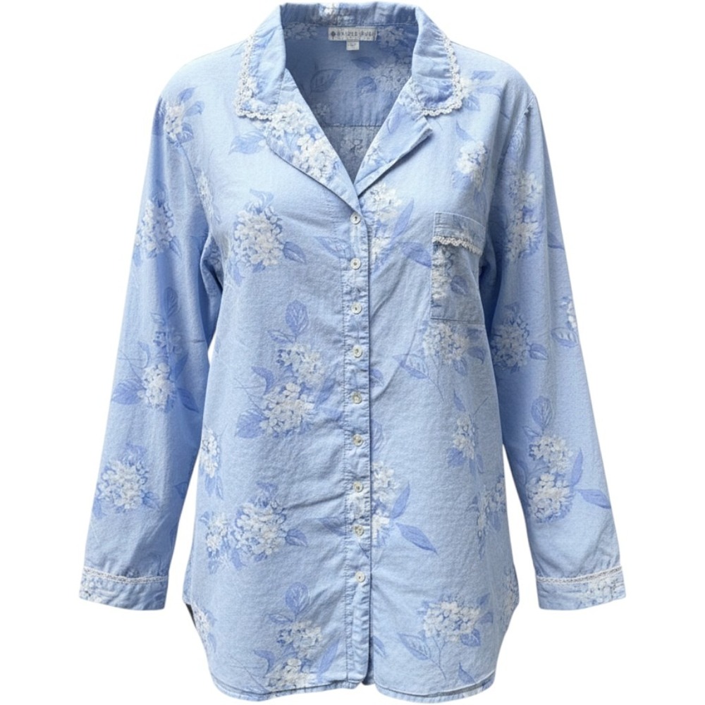 Eileen West Blue Hydrangea Floral Cotton Lace Trim Pajama Top Plus Size 3X